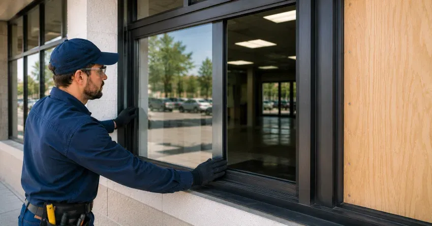 technician boarding a broken window after a break-in in Kilworth