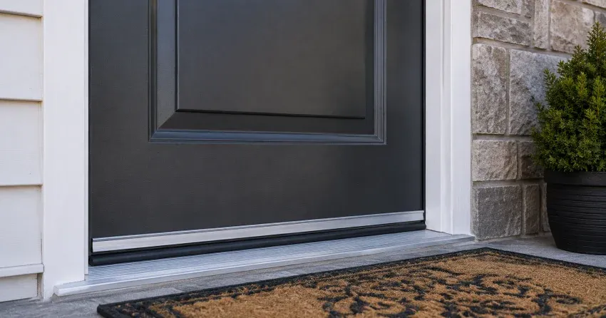 technician replacing worn door weatherstripping in New Tecumseth home