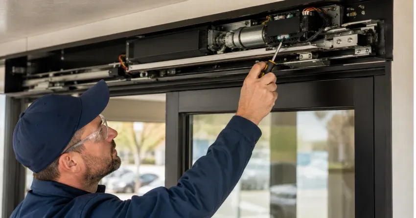 technician completing automatic door repair on residential property in Arva