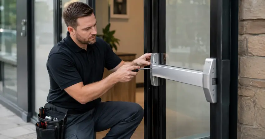 commercial locksmith repairing exit device on storefront door Ontario