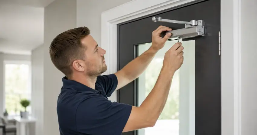 technician adjusting door closer hydraulic valve in Caledon home