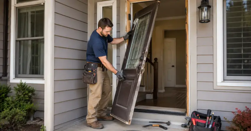 old exterior door being removed for replacement in Uxbridge