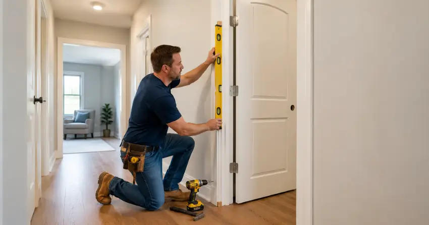 technician installing a pre-hung interior door in a home hallway Ayr