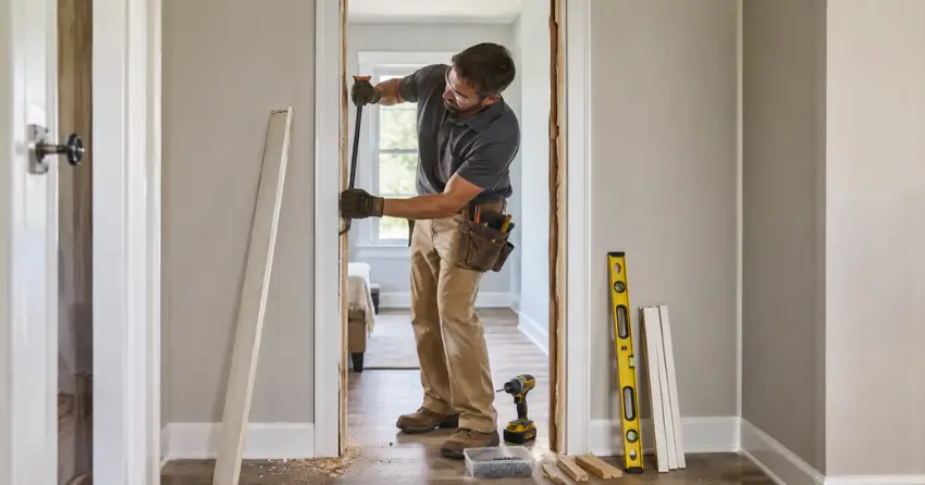 technician removing an old interior door frame during installation Dutton