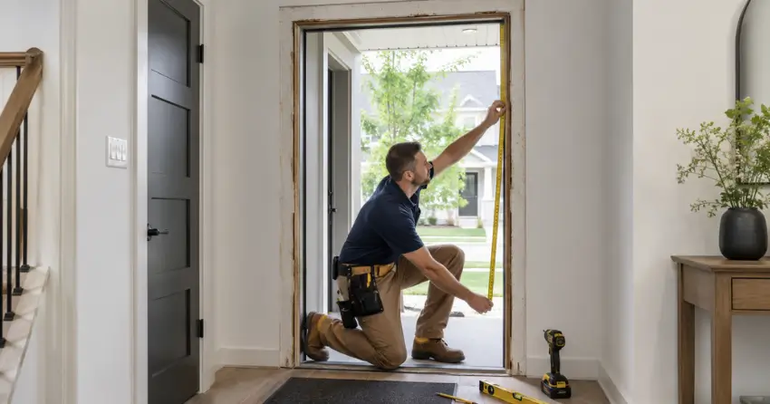 technician measuring a door frame before new door installation in Markham