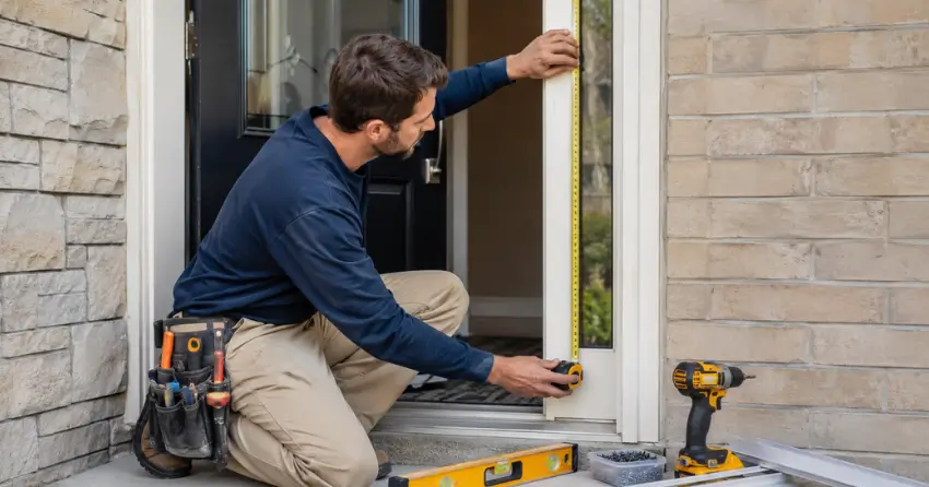technician measuring door frame before storm door install in Georgetown