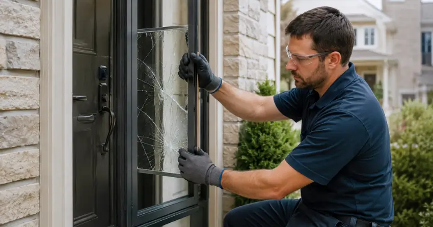 technician removing cracked storm door glass panel in Pickering