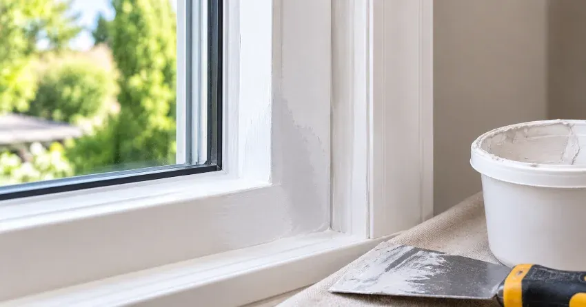 technician repairing rotted window frame corner in Ontario