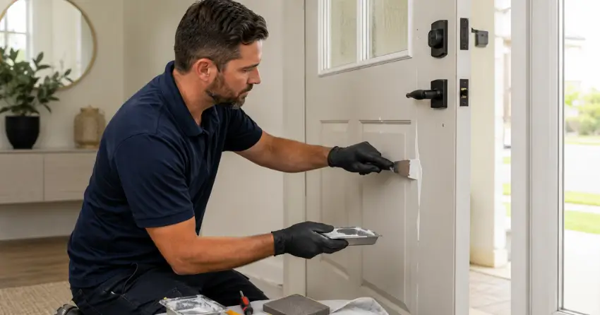 technician repairing fiberglass door surface crack in Midland