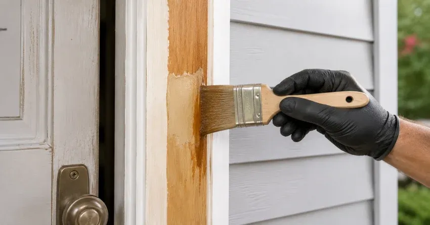 technician probing rotted wood on a door frame in Strathroy