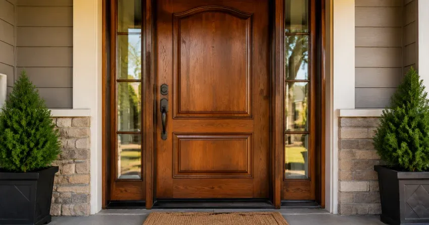 wood door mid-restoration showing stripped bare wood in Ontario