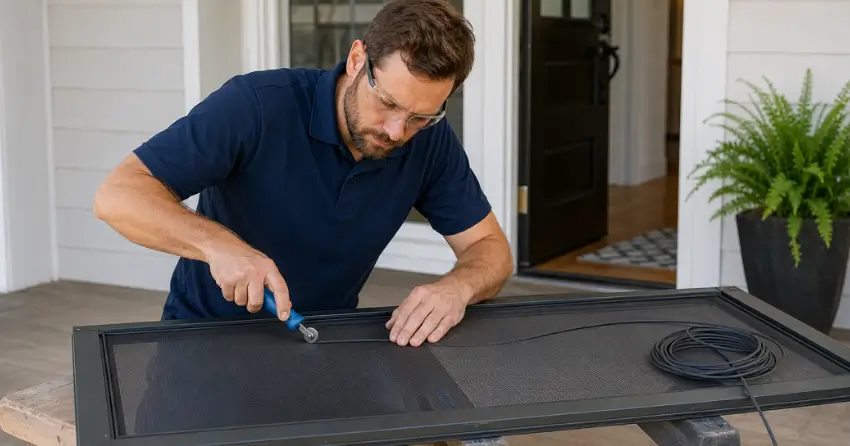 technician replacing screen door mesh and spline in Ontario